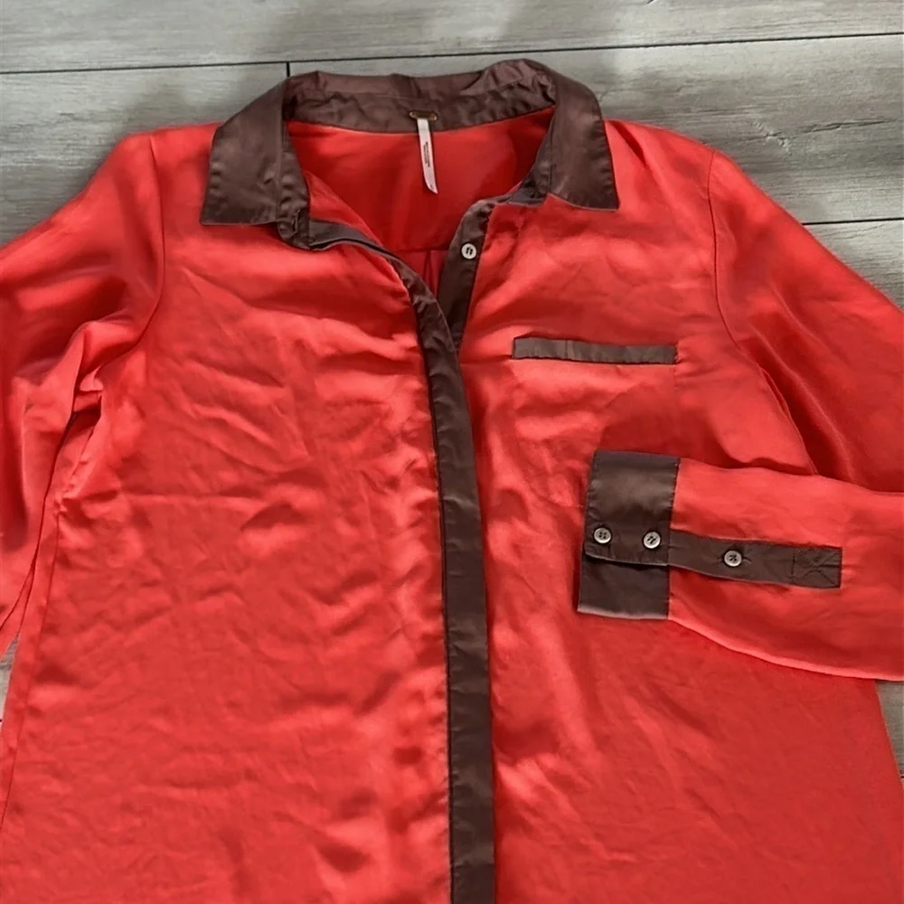 Free People coral brown sheer button up blouse shirt top size small